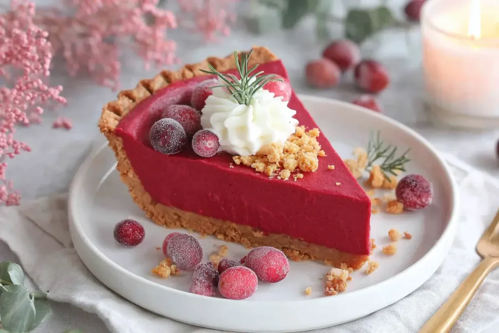 Slice of Cranberry Custard Pie topped with whipped cream, sugared cranberries, and cookie crumbs on a white plate.
