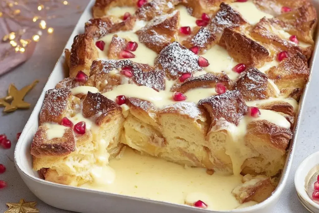 A freshly baked Eggnog Bread Pudding in a white dish, drizzled with creamy sauce and topped with pomegranate seeds for a festive holiday look.