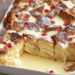 A freshly baked Eggnog Bread Pudding in a white dish, drizzled with creamy sauce and topped with pomegranate seeds for a festive holiday look.