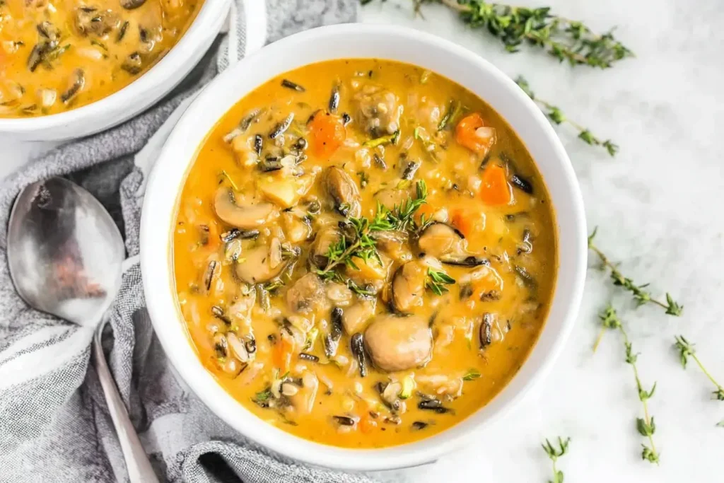 Creamy bowl of Vegan Pumpkin Wild Rice Soup with mushrooms, carrots, and herbs in a white bowl.