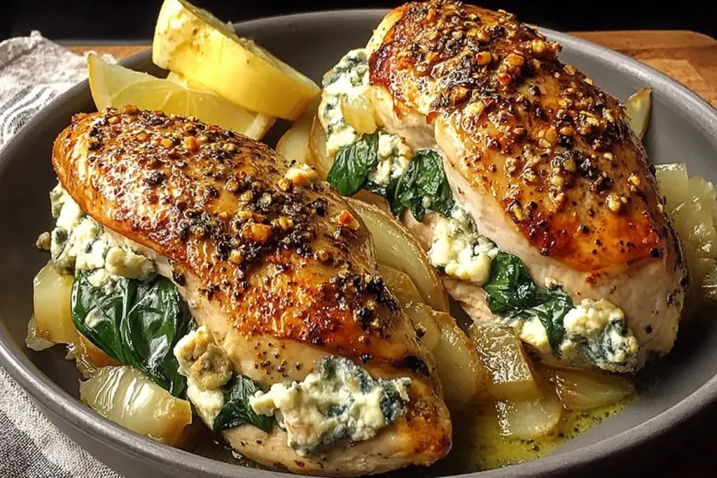 Pear and Gorgonzola Stuffed Chicken breasts seared golden and baked in a skillet, oozing creamy blue cheese with spinach and sweet pear, served with lemon wedges.