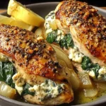 Pear and Gorgonzola Stuffed Chicken breasts seared golden and baked in a skillet, oozing creamy blue cheese with spinach and sweet pear, served with lemon wedges.