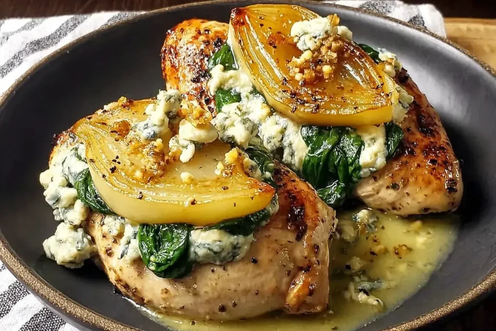 Pear and Gorgonzola Stuffed Chicken topped with caramelized pears, creamy blue cheese, and spinach in a rich pan sauce.