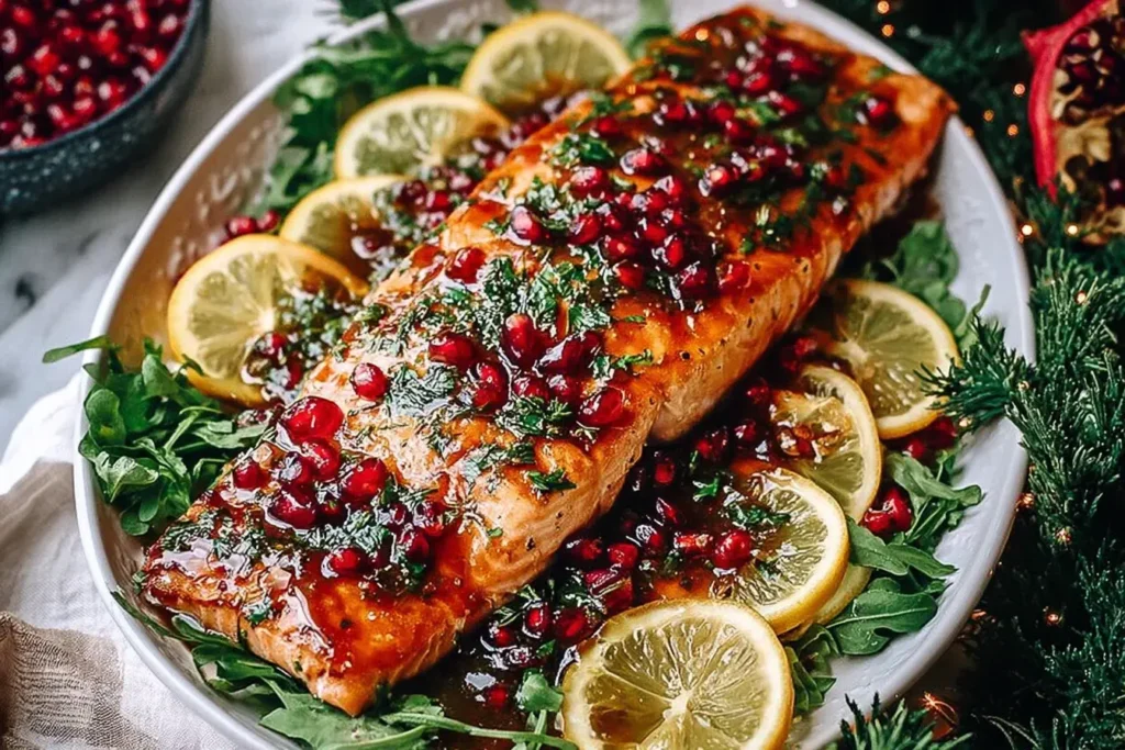 Pomegranate and Orange Glazed Salmon served on greens with lemon slices and topped with fresh herbs and pomegranate seeds.