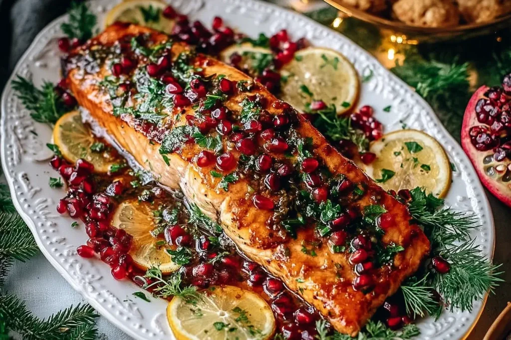 Pomegranate and Orange Glazed Salmon topped with fresh herbs and pomegranate seeds on a festive serving platter with lemon slices.