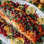 Pomegranate and Orange Glazed Salmon topped with fresh herbs and pomegranate seeds on a festive serving platter with lemon slices.