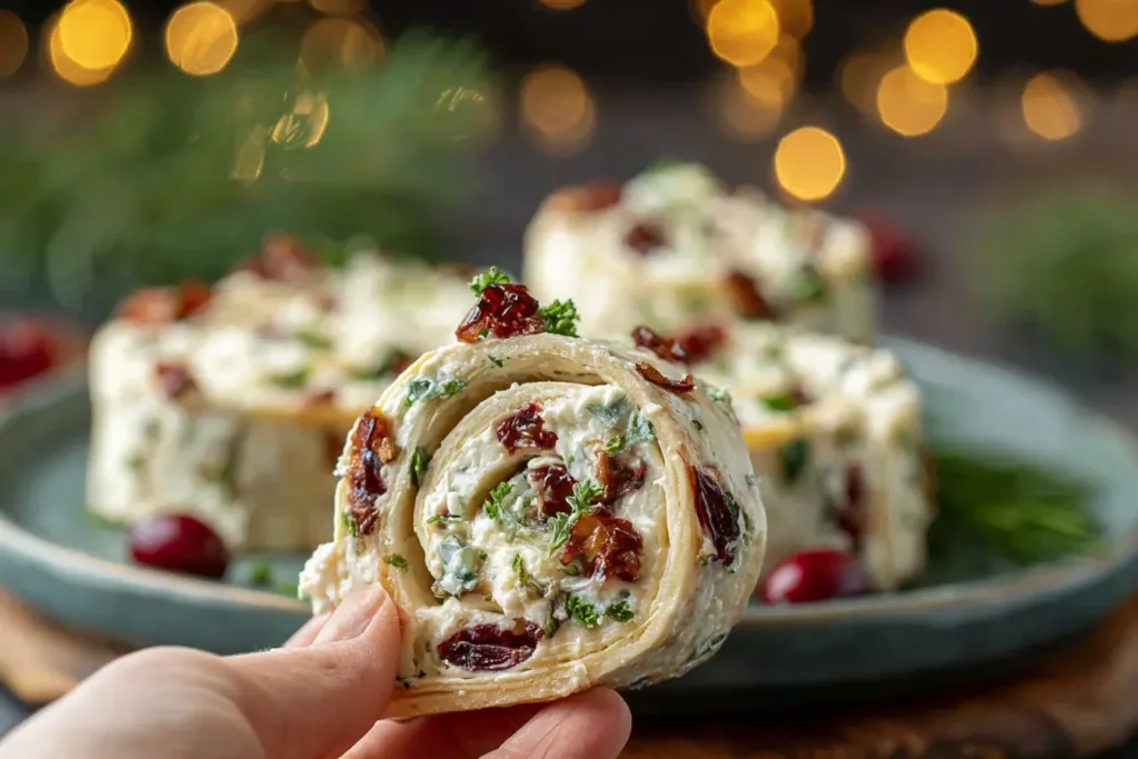 Hand holding a Savory Christmas Cranberry Roll Ups slice with creamy filling, dried cranberries, and herbs in front of a festive holiday background.