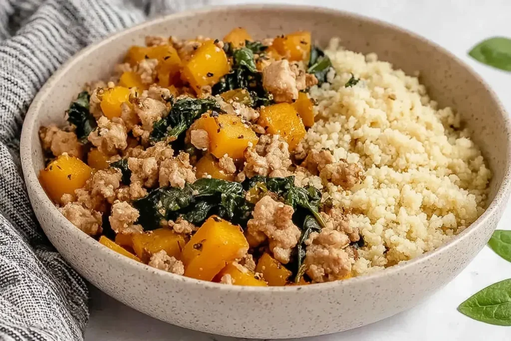 Roasted Butternut Squash with Ground Turkey served with couscous in a bowl