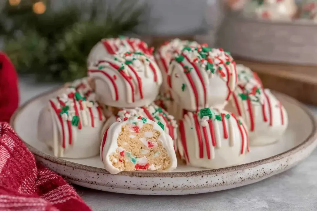 Plate of festive Little Debbie Christmas Tree Cake Truffles drizzled with red icing and topped with green and white sprinkles for a cheerful holiday treat.