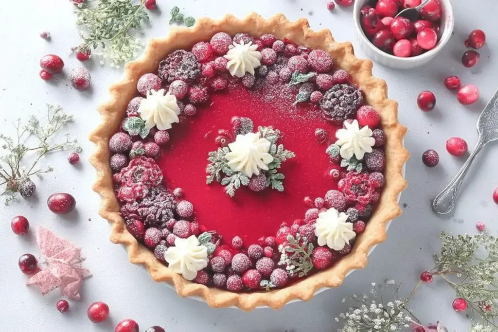 Cranberry Custard Pie decorated with sugared cranberries, whipped cream swirls, and winter greenery on a flaky crust.