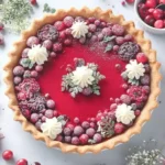 Cranberry Custard Pie decorated with sugared cranberries, whipped cream swirls, and winter greenery on a flaky crust.