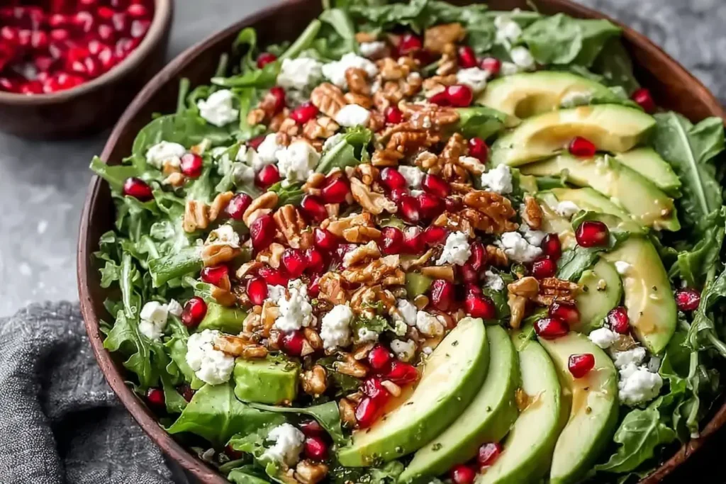 Christmas Salad with Honey Mustard Dressing featuring avocado, pomegranate seeds, goat cheese, and crunchy nuts in a festive green salad bowl.
