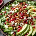Christmas Salad with Honey Mustard Dressing featuring avocado, pomegranate seeds, goat cheese, and crunchy nuts in a festive green salad bowl.