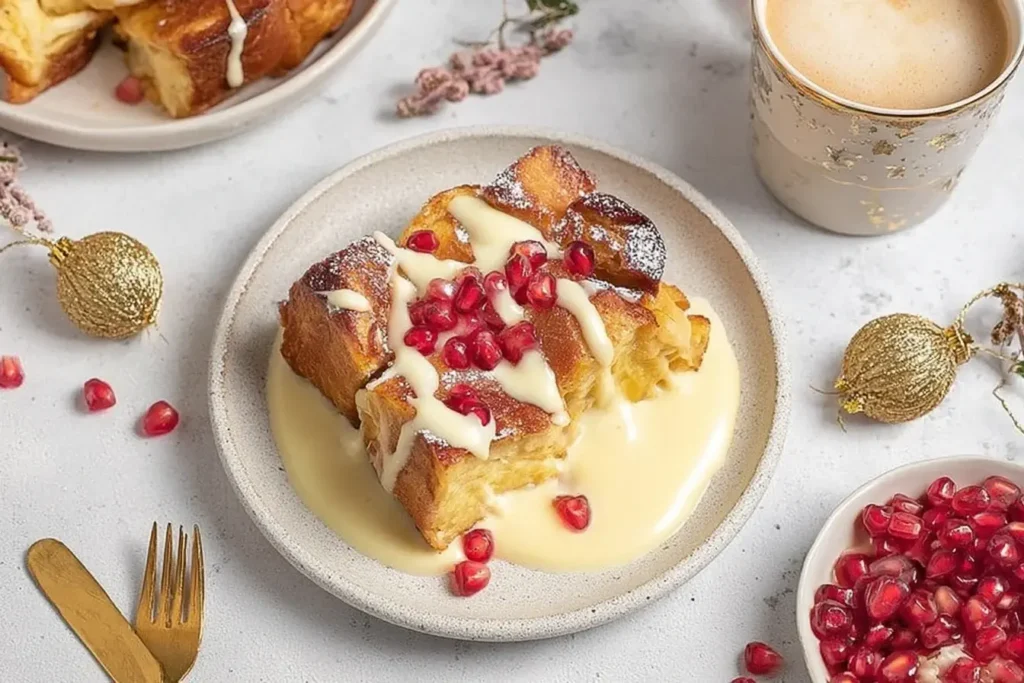A festive plate of Eggnog Bread Pudding topped with creamy sauce and pomegranate seeds, surrounded by holiday décor and a warm drink.