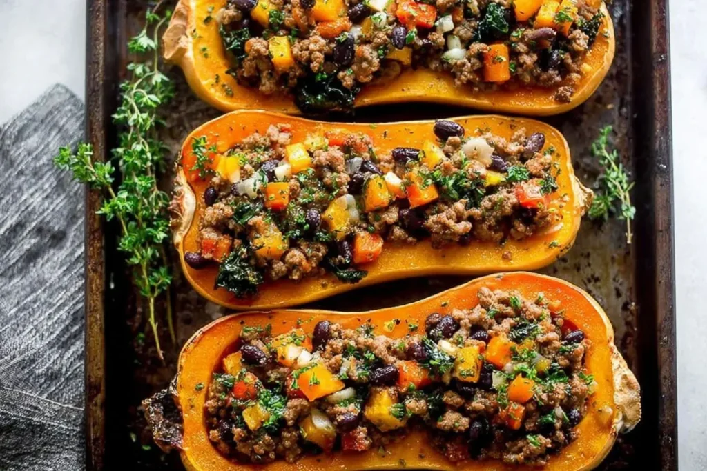Sausage Stuffed Butternut Squash filled with seasoned sausage, kale, beans, and roasted vegetables on a baking sheet.