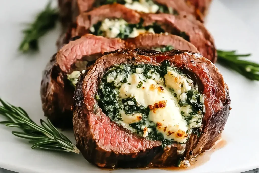 Close-up of Christmas Stuffed Beef Tenderloin filled with creamy herb and cheese stuffing, sliced and served with fresh rosemary.