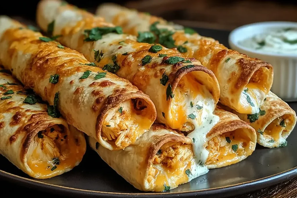 Crispy Chicken Taquitos stacked on a plate with melted cheese and cilantro.