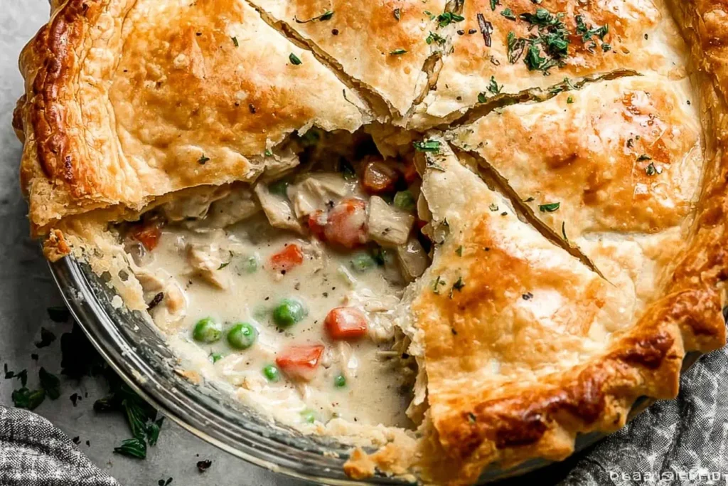 Close-up of a creamy Chicken Pot Pie with golden, flaky crust and a rich filling of chicken, peas, and carrots in a glass pie dish.