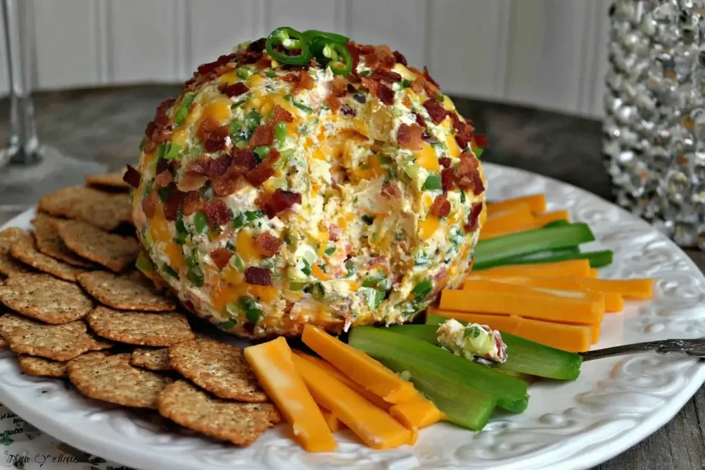 Jalapeno Popper Cheese Ball coated in bacon, cheddar, and jalapeños, served with crackers, cheddar slices, and celery sticks on a white platter.