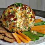 Jalapeno Popper Cheese Ball coated in bacon, cheddar, and jalapeños, served with crackers, cheddar slices, and celery sticks on a white platter.