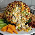 Jalapeno Popper Cheese Ball covered in bacon, cheddar, and green onions served with crackers, celery, and cheese cubes.