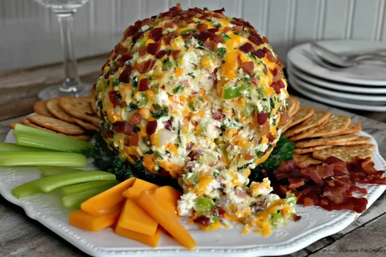 Jalapeno Popper Cheese Ball covered in bacon, cheddar, and green onions served with crackers, celery, and cheese cubes.