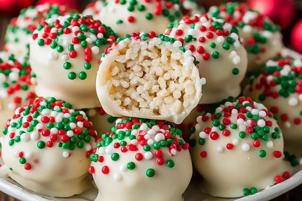 White chocolate–covered Christmas Rice Crispy Treats decorated with festive red, green, and white sprinkles on a holiday dessert plate.