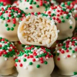 White chocolate–covered Christmas Rice Crispy Treats decorated with festive red, green, and white sprinkles on a holiday dessert plate.