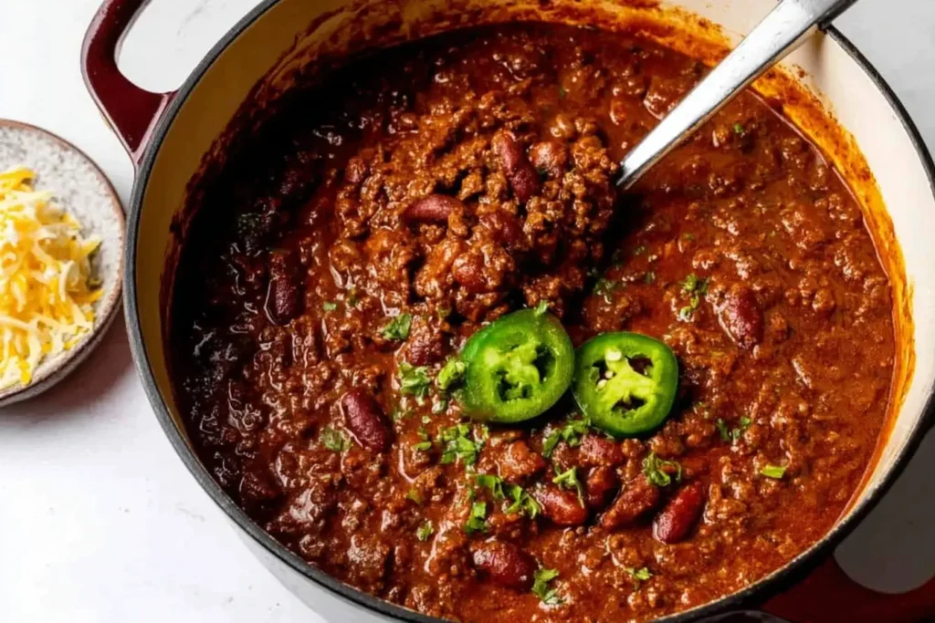 Award winning chili recipe simmering in a Dutch oven with beef, beans, and jalapeños.