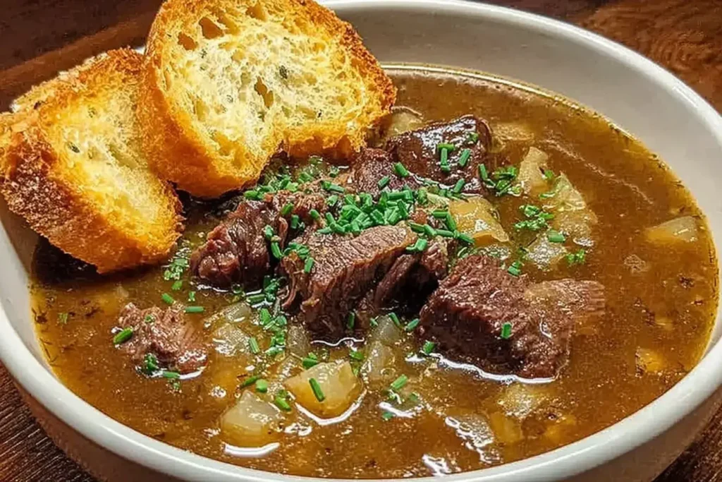 French Onion Beef Short Rib Soup with tender beef chunks, caramelized onions, and toasted bread slices in a white bowl.