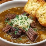 Bowl of French Onion Beef Short Rib Soup with tender short ribs, caramelized onions, fresh herbs, and toasted bread on the side.