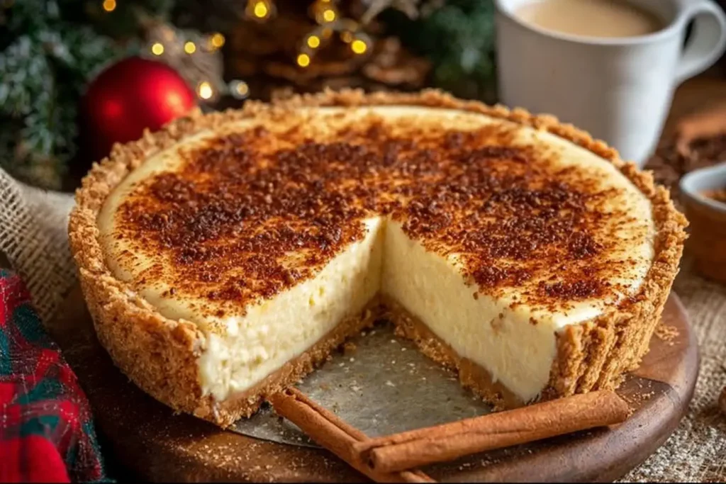 Christmas Eve Cinnamon-Vanilla Custard Pie with a creamy custard filling, cinnamon topping, and crumb crust displayed on a holiday table.