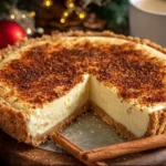 Christmas Eve Cinnamon-Vanilla Custard Pie with a creamy custard filling, cinnamon topping, and crumb crust displayed on a holiday table.