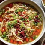 Bowl of Ginger Garlic Chicken Noodle Soup with shredded chicken, noodles, carrots, scallions, and chili oil.