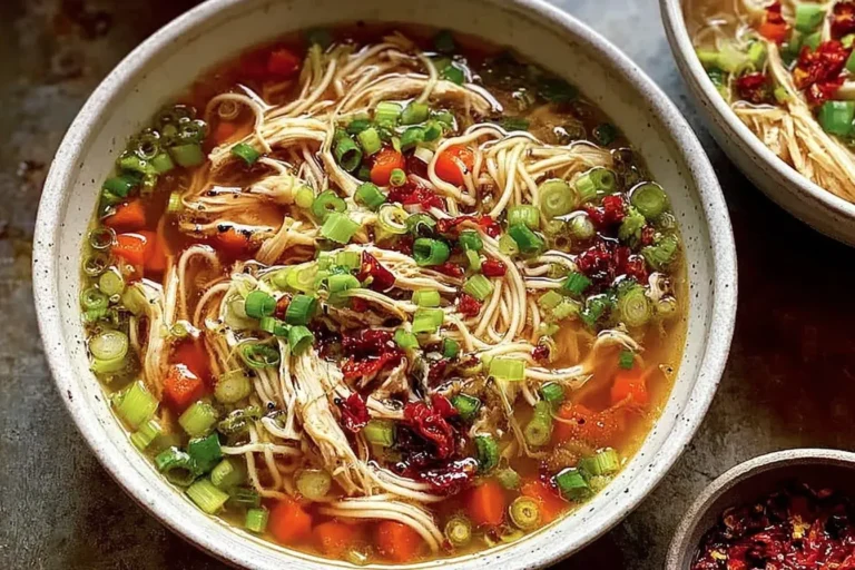 Bowl of Ginger Garlic Chicken Noodle Soup with shredded chicken, noodles, carrots, scallions, and chili oil.