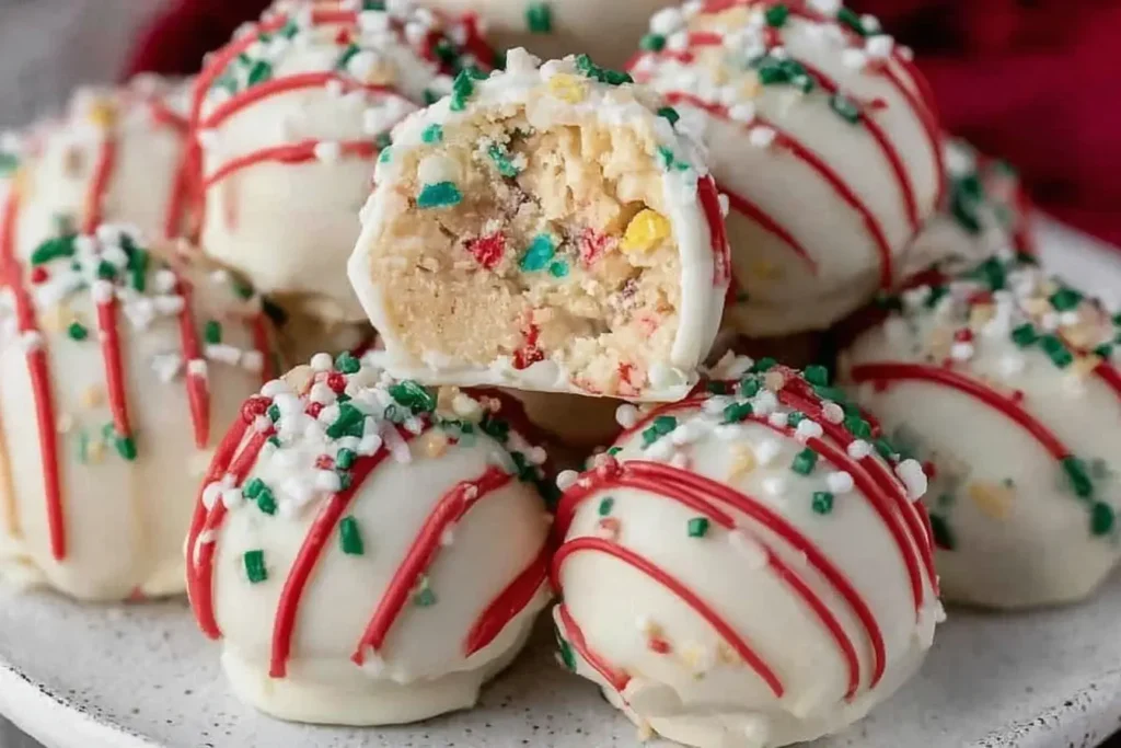 Close-up of festive Little Debbie Christmas Tree Cake Truffles coated in white chocolate, drizzled with red icing, and topped with holiday sprinkles.