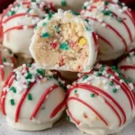 Close-up of festive Little Debbie Christmas Tree Cake Truffles coated in white chocolate, drizzled with red icing, and topped with holiday sprinkles.
