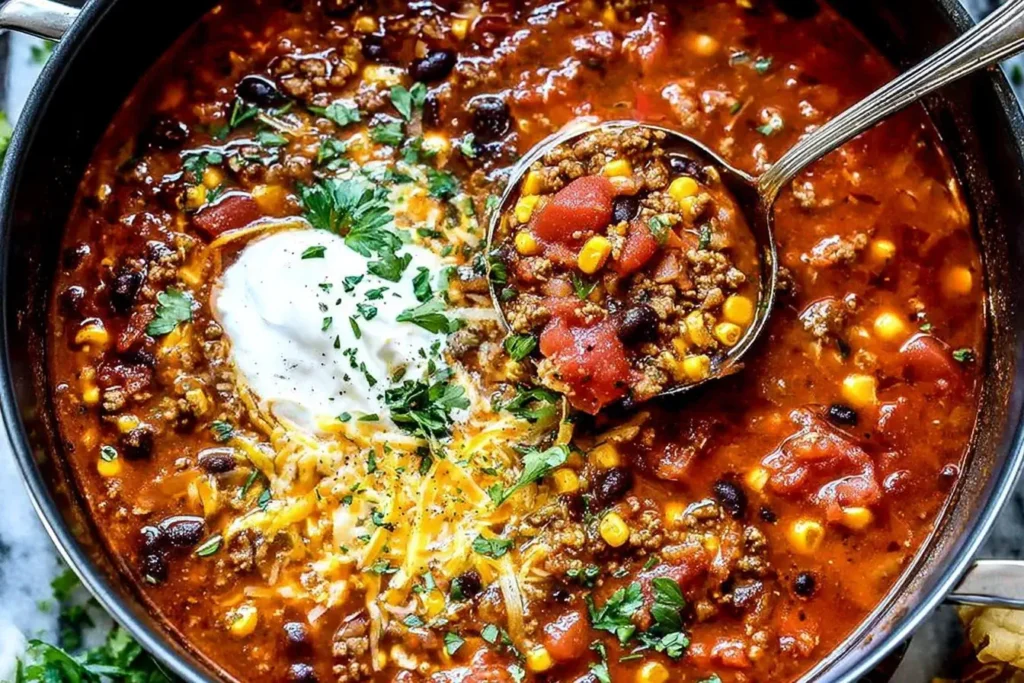 Hearty Taco Soup in a pot with ground beef, beans, corn, tomatoes, and a dollop of sour cream, garnished with fresh herbs.
