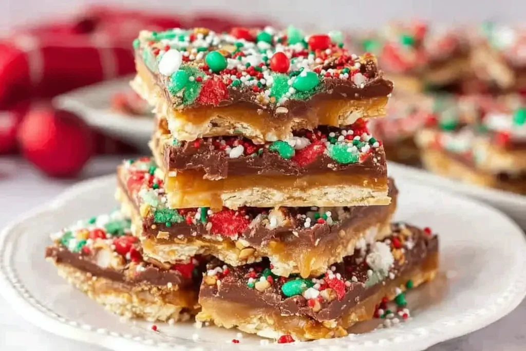 Stack of festive chocolate and toffee bars topped with red, green, and white sprinkles — the perfect sweet and salty Christmas Crack Recipe treat.