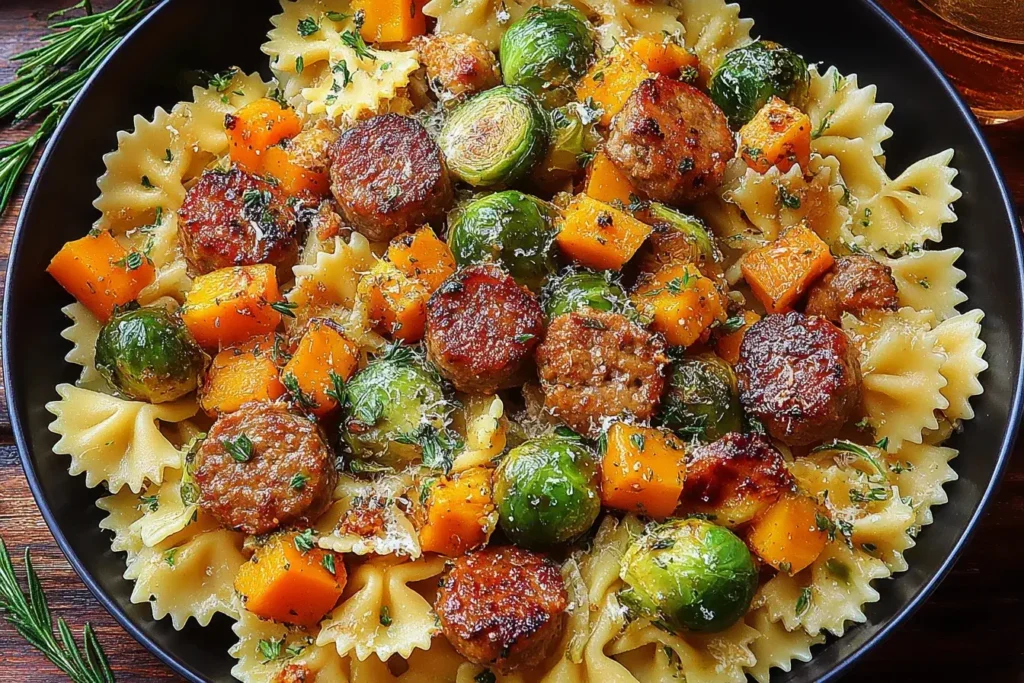 Autumn Dinner with Sausage Pasta featuring roasted Brussels sprouts, butternut squash, caramelized sausage, and bow tie pasta in a cozy fall skillet meal.