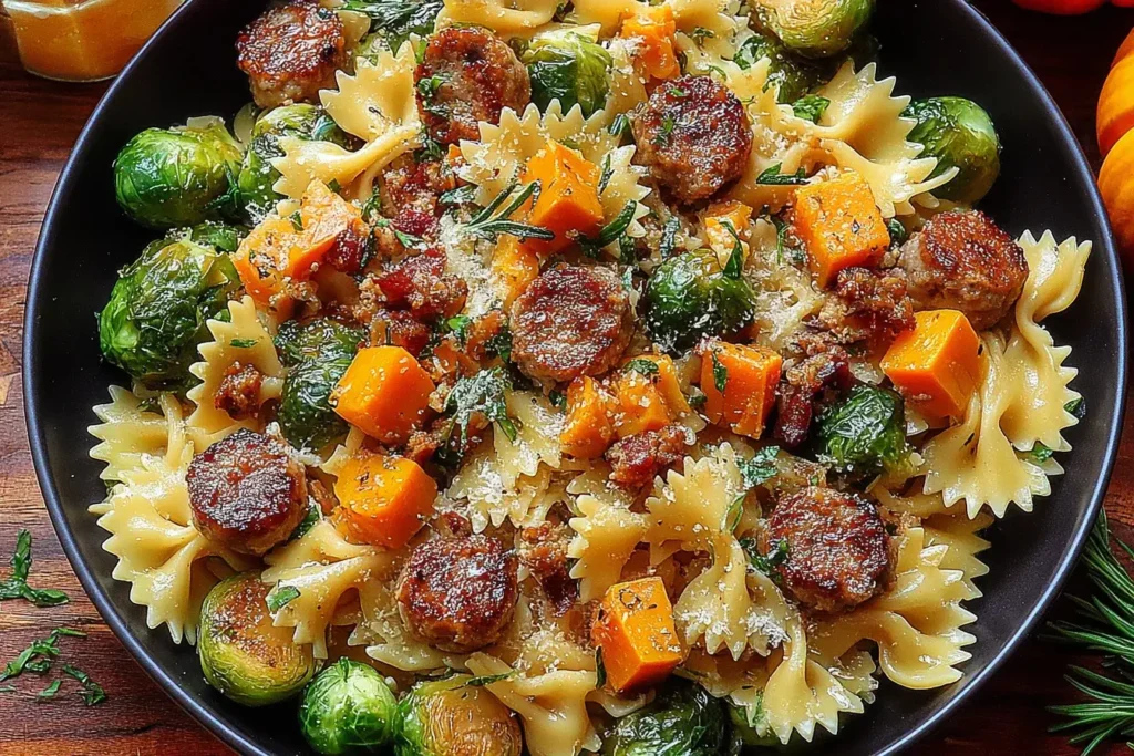 Autumn Dinner with Sausage Pasta featuring bow tie pasta, roasted Brussels sprouts, caramelized sausage slices, and golden butternut squash in a warm fall dish.