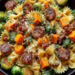 Autumn Dinner with Sausage Pasta featuring bow tie pasta, roasted Brussels sprouts, caramelized sausage slices, and golden butternut squash in a warm fall dish.