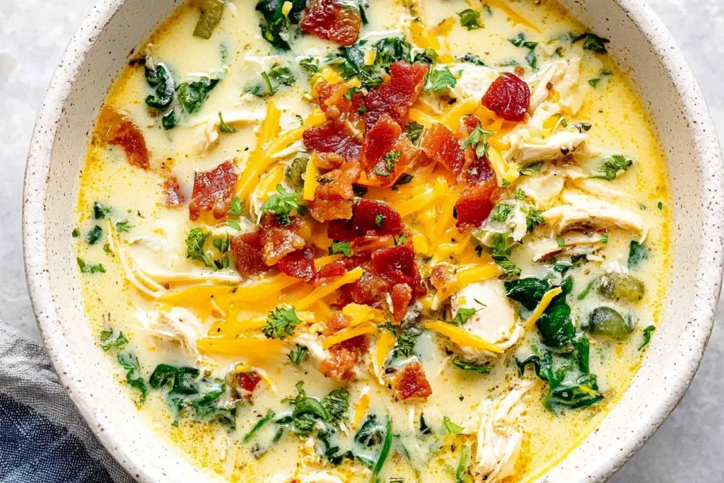 Creamy Crack Chicken Soup topped with crispy bacon, shredded cheddar, and fresh herbs in a warm, comforting bowl.