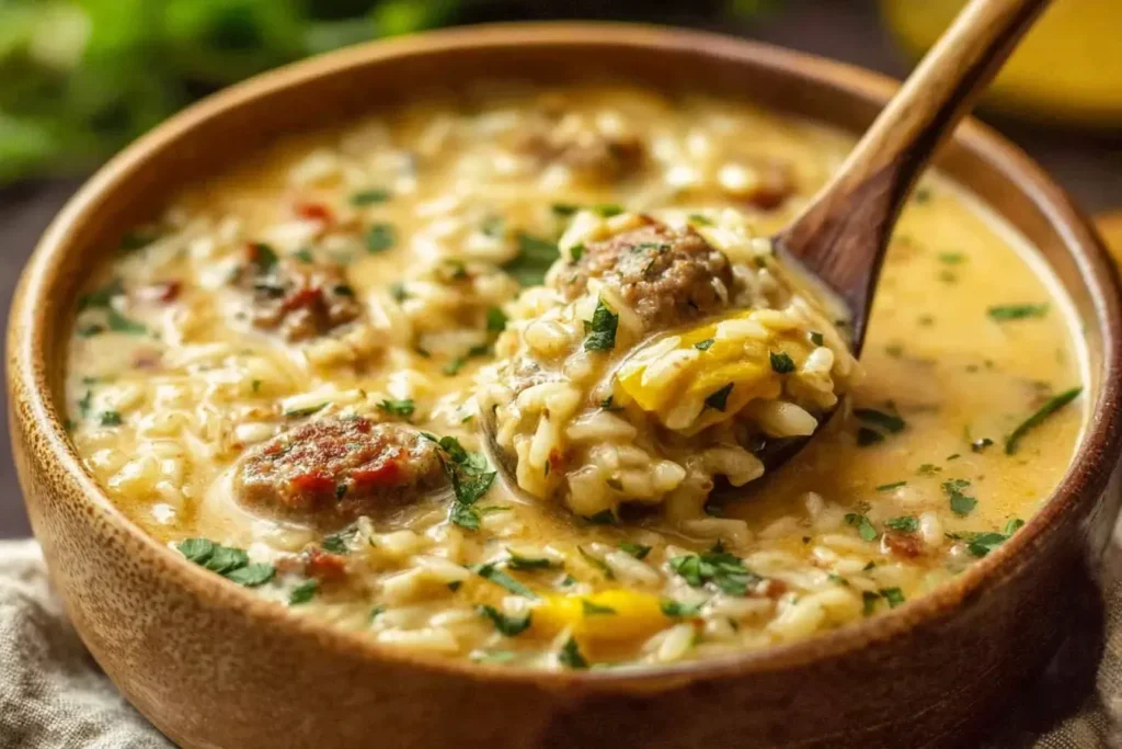 Creamy bowl of Orzo Stuffed Banana Peppers Soup with sausage, orzo, and banana peppers in a wooden bowl.