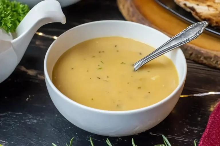 Perfect Turkey Gravy in a white bowl with pepper and herbs