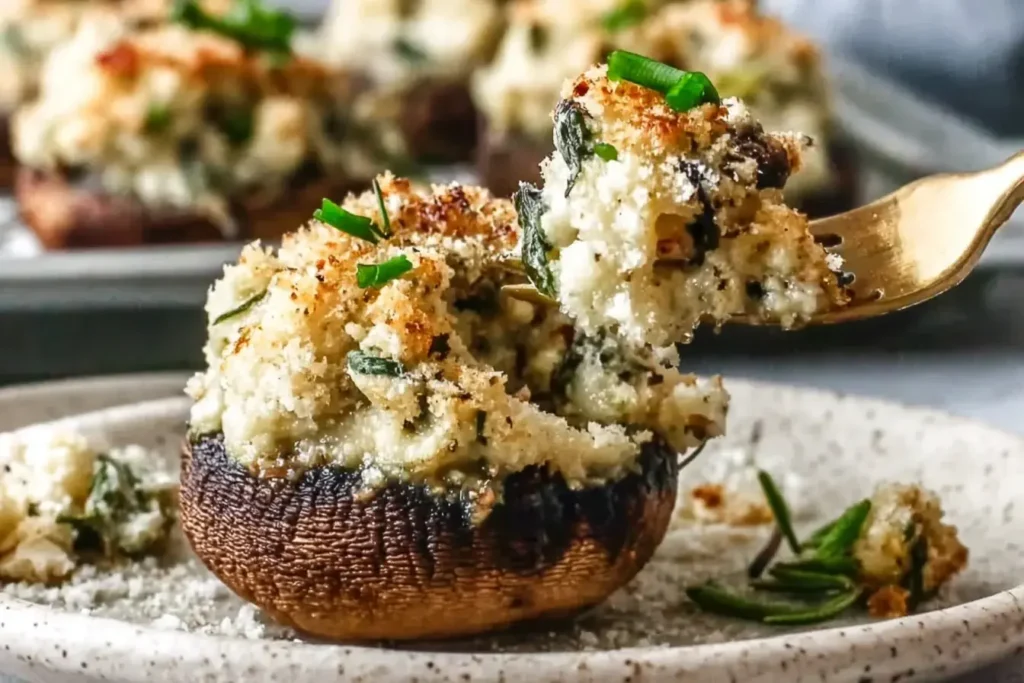 Fork lifting a creamy, golden-topped Christmas Stuffed Mushroom with herbs over a plate.