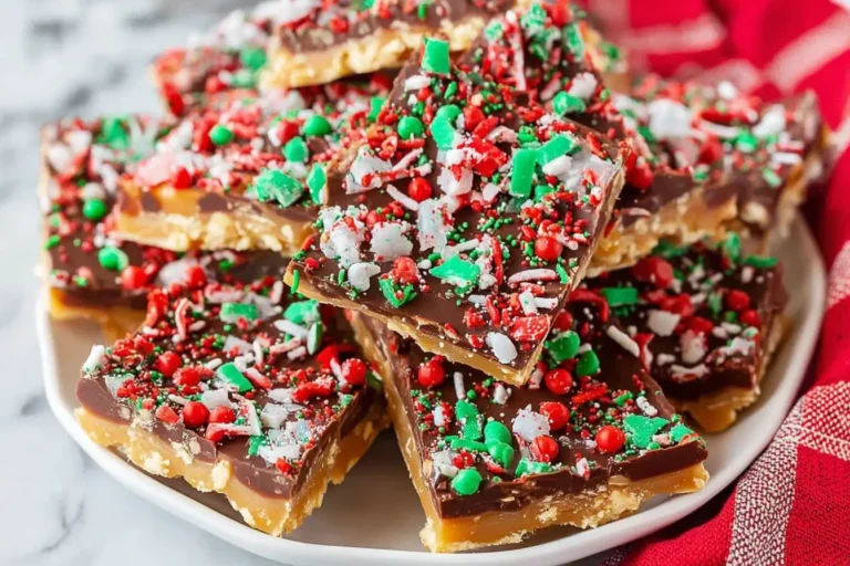 Plate of festive Christmas Crack Recipe pieces topped with red, green, and white sprinkles over chocolate and caramel toffee layers.