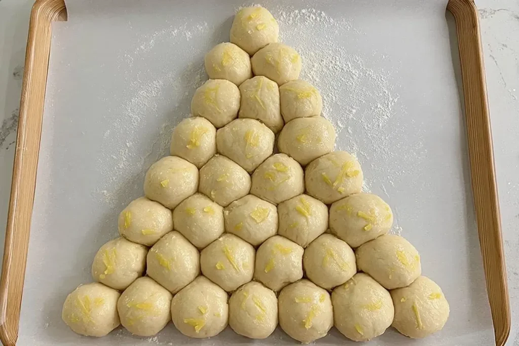 Unbaked Cheesy Christmas Tree Bread dough balls arranged in a festive tree shape on a parchment-lined baking sheet, ready for the oven.