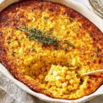 Golden baked Sweet Corn Pudding in a white casserole dish with a crispy top and fresh thyme garnish