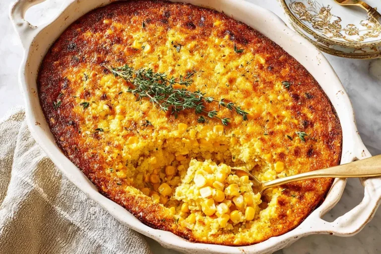 Golden baked Sweet Corn Pudding in a white casserole dish with a crispy top and fresh thyme garnish